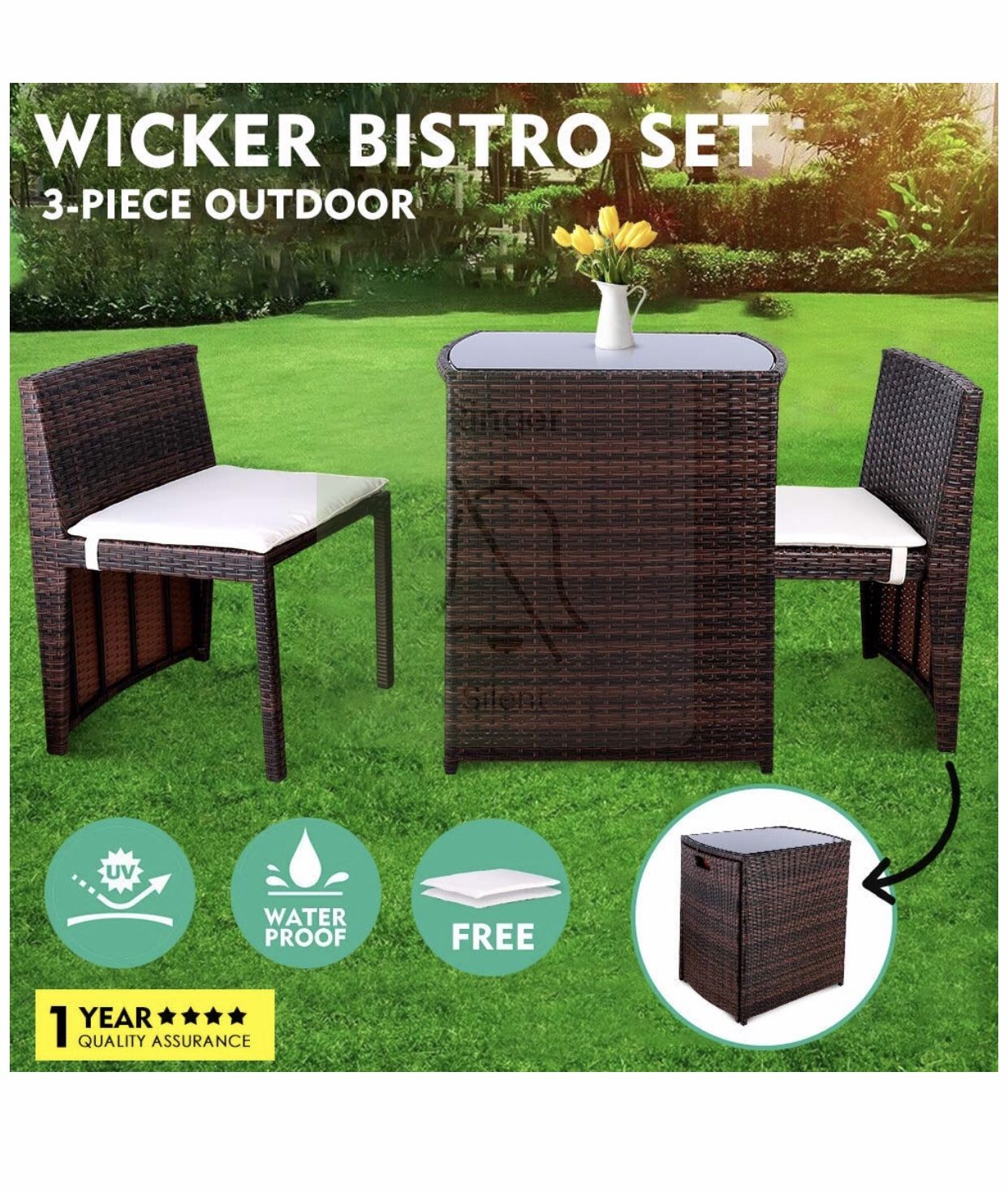 GARTIO 3PCS Wicker Bistro Set, Outdoor Garden Lawn Sofa Furniture, with Glass Top Table and 2 Cushioned Chairs with Waterproof Mat, Space Saving Desi