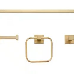 Positano 4-Piece Bath Hardware Set with Towel Bar, Towel Ring, Robe Hook, and Toilet Paper Holder in Matte Brass