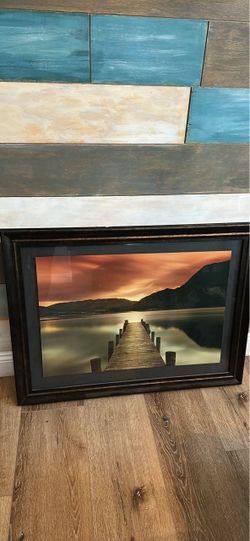 Large Framed Sunset Lake Dock Wall Art