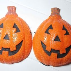 Vtg 2 Jack O Lantern Pumpkin Porch Light Cover Melted Popcorn Halloween Plastic 
