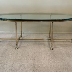 Vintage Antique Large Oval Labarge La Barge Hollywood Regency Glam Italian Solid Brass Thick Glass Coffee Cocktail Table Hoof Feet