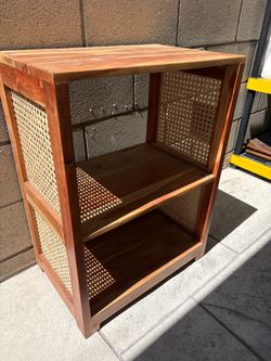 Boho 3-Tier Wood & Rattan Side Table / Shelving Unit