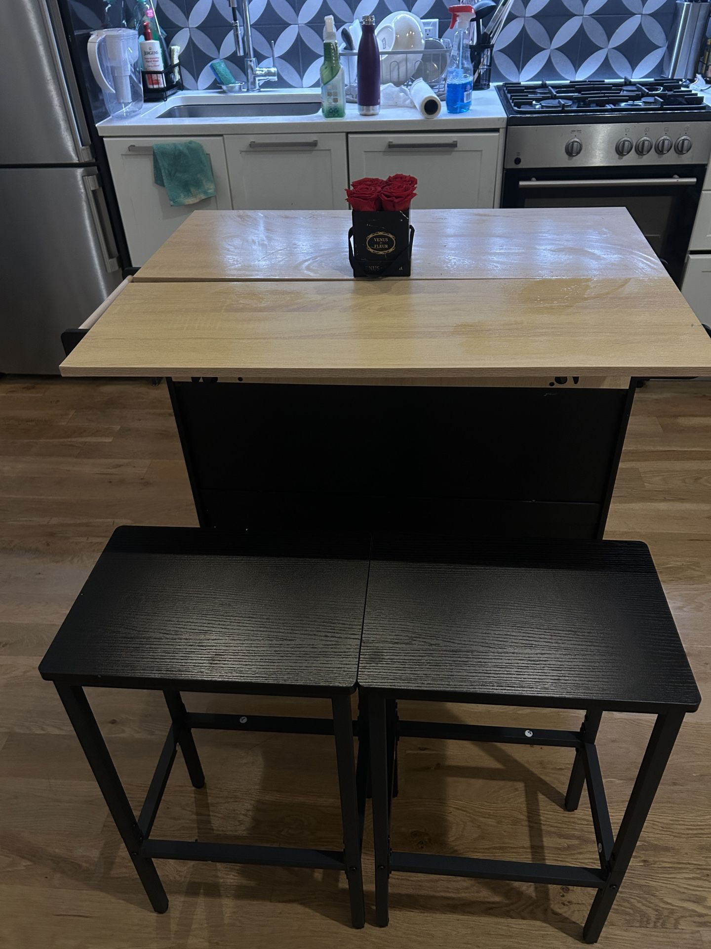 Rolling Kitchen Island with Bar Stools
