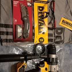 ***DEWAL XR 20V HAMMER DRILL 3 SPEED. HUSKY KNIFE  MILWAUKEE  SAFETY GLASSES, SHIRT DEWALT  XL $130.
