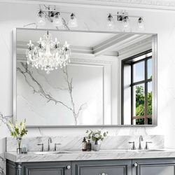 CIRCUMI Silver Bathroom Mirror, 36"X55" Rectangular Mirror With Deep Metal Frame, Brushed Finish, Tempered Glass, Large Mirror For Wall, Over 2 Sinks,