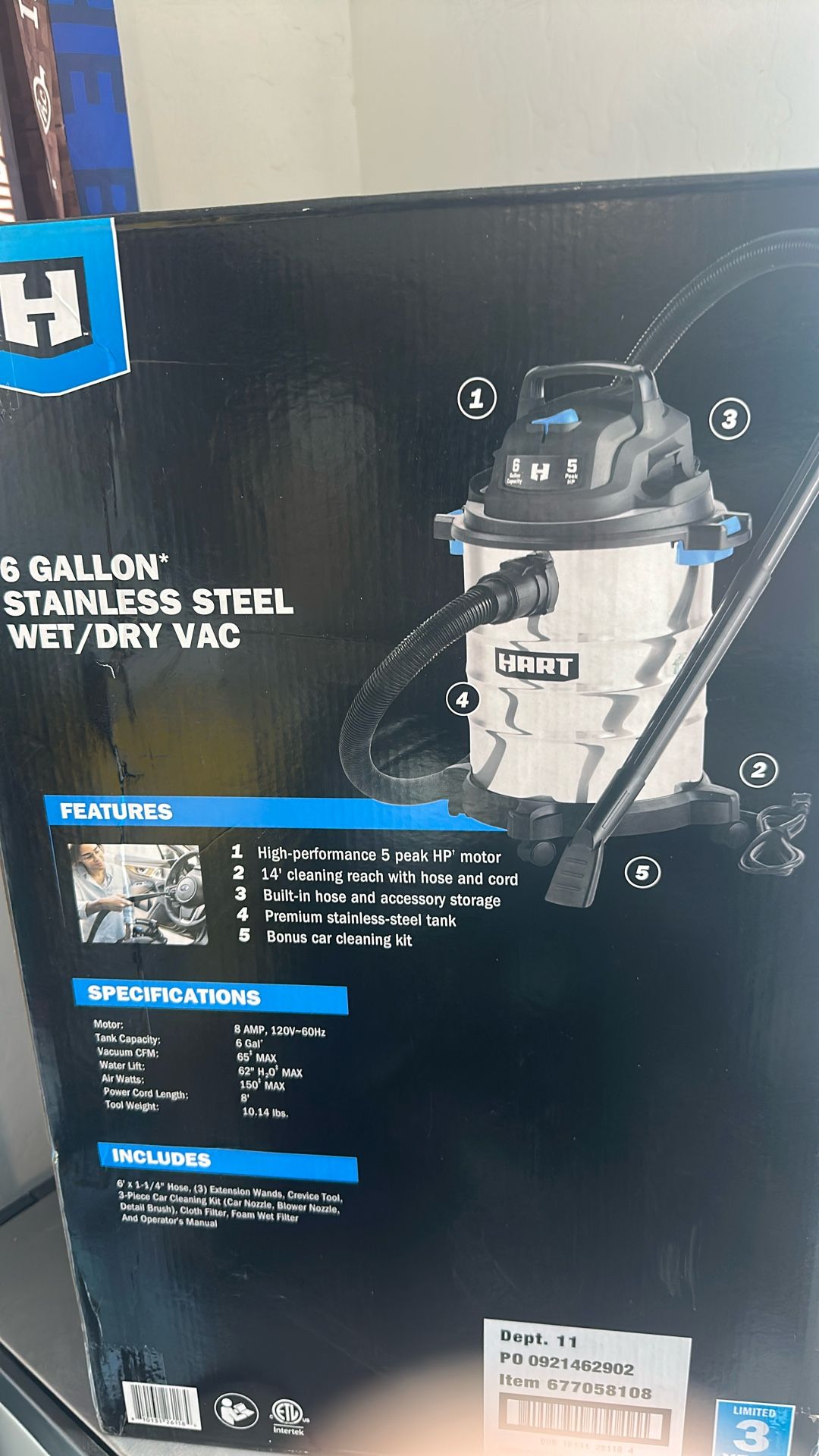 HART 8 Gallon 6 Peak HP Stainless Steel Wet/Dry Vacuum