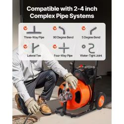 899# Drain Cleaning Machine 75 FT x 1/2 Inch, Sewer Auger Auto Feed with 4 Cutter & Air-activated Foot Switch for 1" to 4" Pipes, Orange, Black