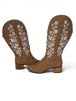 Tan Western Cowboy Boots with Floral Print