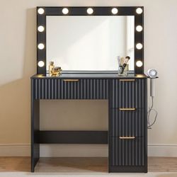 36" Makeup Vanity Desk with Large Mirror & LED Lights, 4 Drawers, Tempered Glass Top, Charging Station, Modern Bedroom Dressing Table, Black