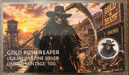 1 Gram Silver Gold Rush Reaper Series .999 Fine Silver Art Bar BU
