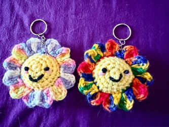 Brand New , Crocheted, Smiley  Flower Keychain/ Charm/ Car Hanger