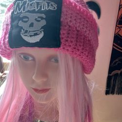 Pink Misfits Beanie Hat. Pink Crochet Misfits Band Beanie Hat Size Med/large Adult. Handmade.