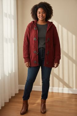 Women's 3X Astor PL Hooded Cardigan Sweater Red Cable Knit Sherpa