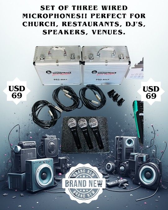 Set of three wired microphones!! Perfect for church, restaurants, DJ's, speakers, venues.