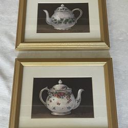 2 framed decorative prints of teapots by artist Barbara Mock. 11.5”x 9.5” Including Frame