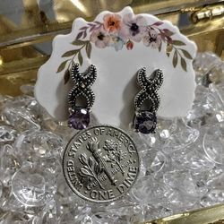 925 Sterling Silver Marcasite Amethyst Earrings 