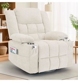 New-360° Swivel Rocker Recliner for Adults, Nursery Glider Recliner with Massage and Heating, Rocking Chair with Cup Holder, Manual Recliner Chair for