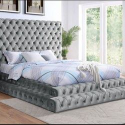 Brand New Super Plush Modern Style Grey King Size Platform Bed Frame