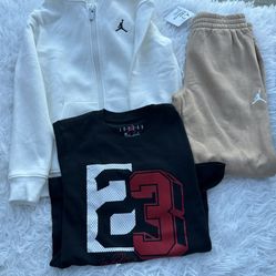 Kids Jordan White Hoodie, Black T-Shirt, and Tan Joggers Set
