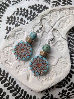 Czech glass , imperial jasper and hematite earrings