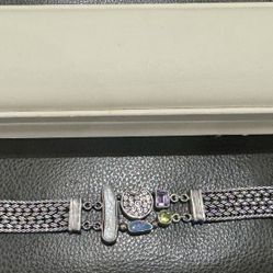 Unique vintage sterling silver 925 bracelet chain mother of pearl green purple blue gemstone turquoise  Marked 925 Stunning well made piece  Approx 8 