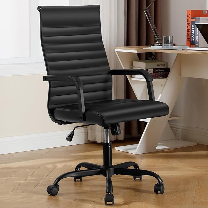 Office Chair, Ergonomic Executive Conference Room Chairs, Ribbed Leather Desk Chair with Lumbar Support, Adjustable Height Mid-Back Swivel Chair with 