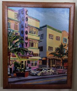 Framed Miami Beach Art Deco Colony Hotel Painting by Meyerson