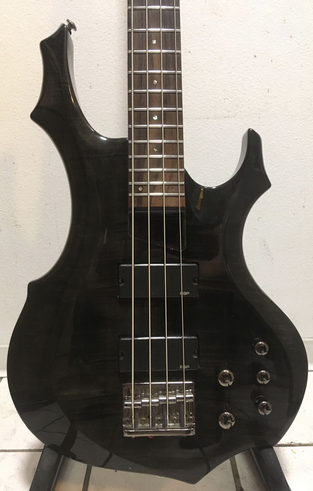 ESP LTD F-154DX Electric Bass Guitar See Thru Black Flametop