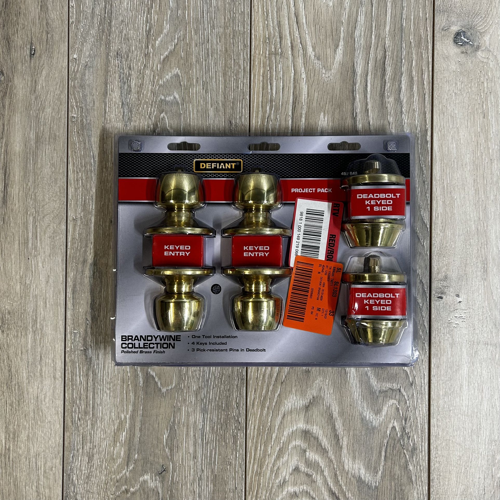 Defiant Brandywine Polished Brass Single Cylinder Keyed Entry Project Combo Pack