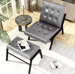 NEW Gray Faux Leather Accent Chair with Ottoman