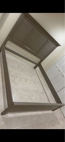 Gray Wood Bed Frame with Louvered Headboard
