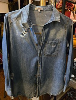 WT # 1080 Womens Med Stella Tweed torn denim button front shirt