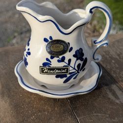 Vintage CDP Natural White Clay Cream & Blue Pitcher Planter – Hand-Painted Ceramic
