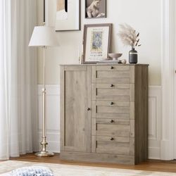 5 Drawer Dresser with Door, Modern Chest of Drawers Wood Storage Cabinet for Bedroom Living Room Hallway, Gray