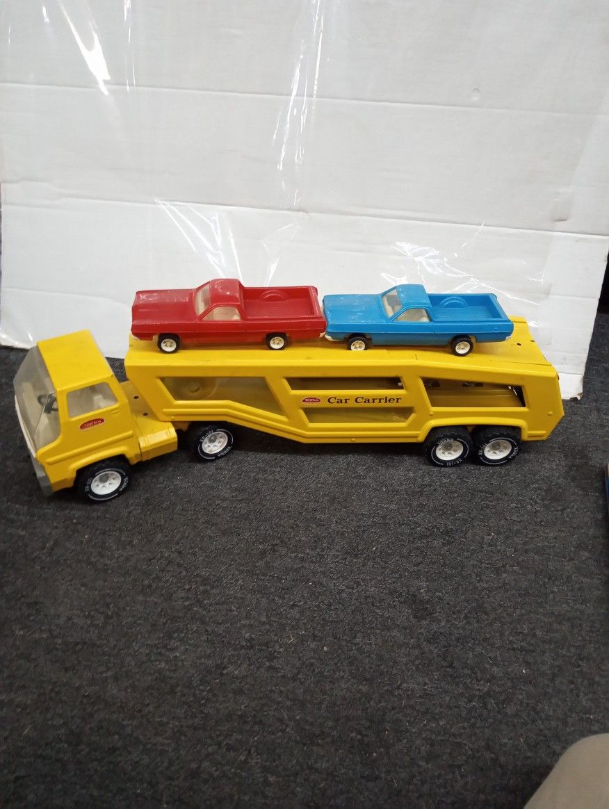 Vintage Tonka truck carrier and two cars 27-6-7"H