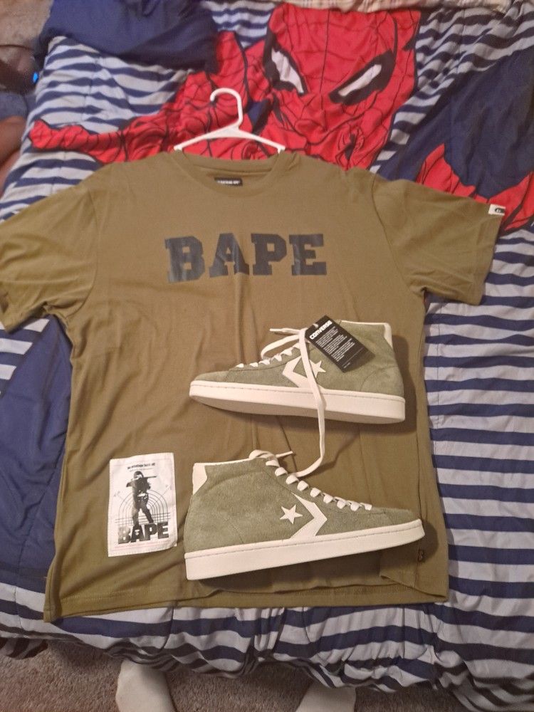Brand New Bathing Ape Shirt Men's XL With Brand New Army Green Converse Pro Leather Men Size 11