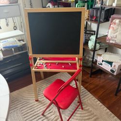 Children’s chalkboard easel double sided with marker side, including a chair