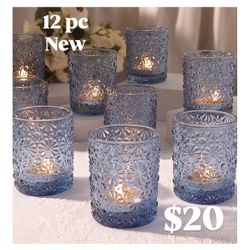 Blue Votive Candle Holder Set of 12, Flower Tea Lights Candles Holders for Wedding Table Centerpieces, Birthday Parties, Home Decor, Blue Bridal Showe