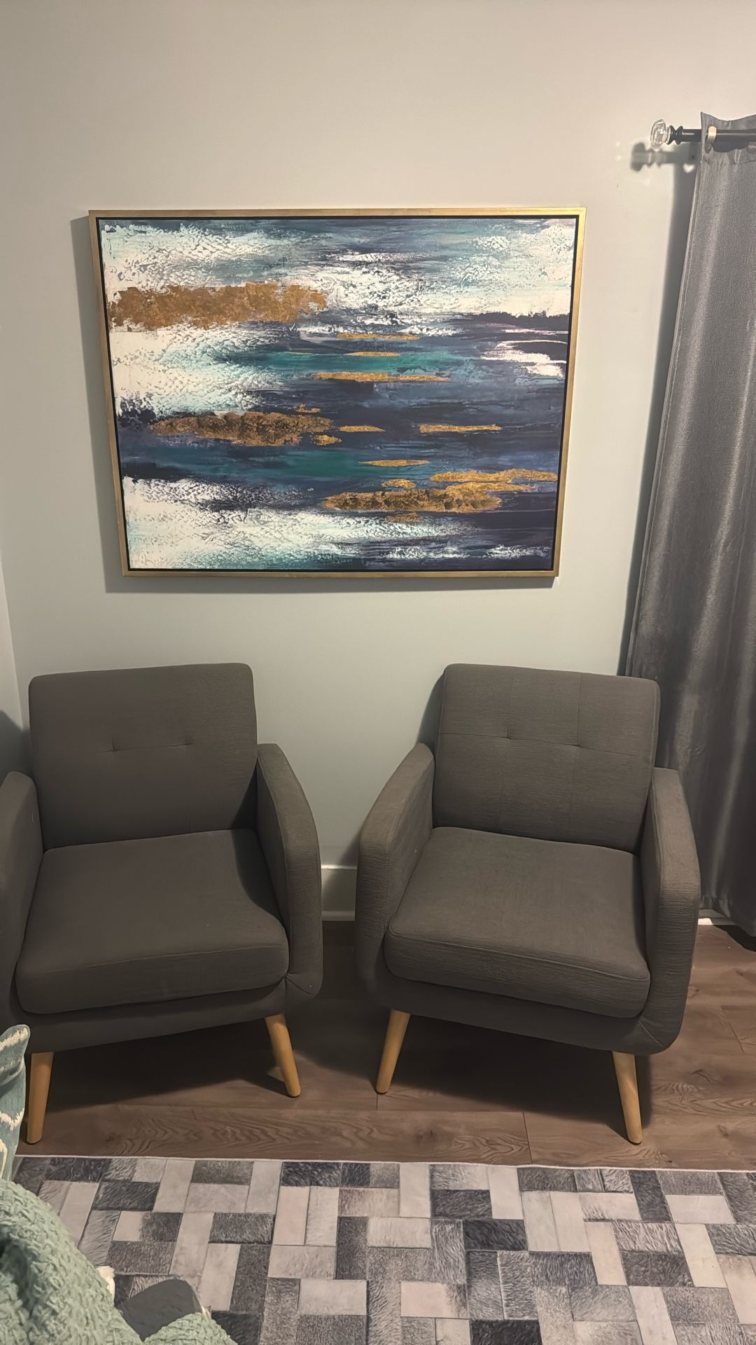 Two Office Chairs And Two Gold Green Artwork Frame