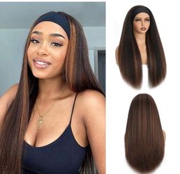 Kinky Yaki Straight Headband Wig Glueless Synthetic 20" 1B/30 Brown Highlight