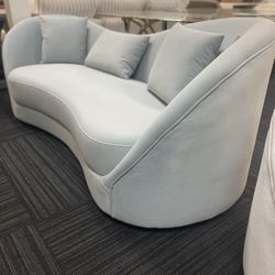 Baby Blue Grey Sofa - Elegant Curved Setee Contemporary Glam