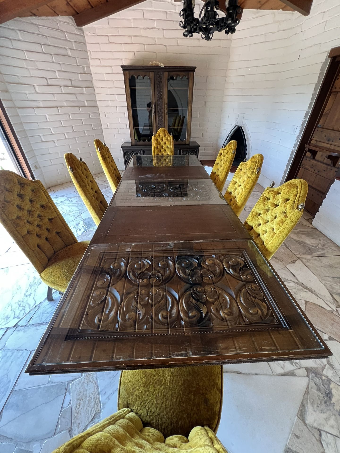 Vintage Antique Spanish Style China Cabinet, Table, Chairs