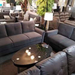 Brand New Dark Gray Smooth Linen Sofa + Loveseat 2PCs Set