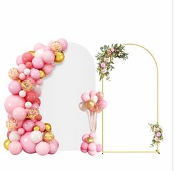 7.2FT Metal Arch Backdrop Stand And Cover Set, Gold Wedding Backdrop Arch Stand With Cover, Balloon Arch Stand With White Arch Cover For Birthday Part