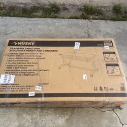 NEW Husky 52 in. W x 24 in. D 2-Drawer Adjustable Height White Workbench Table w/Solid Wood Top
