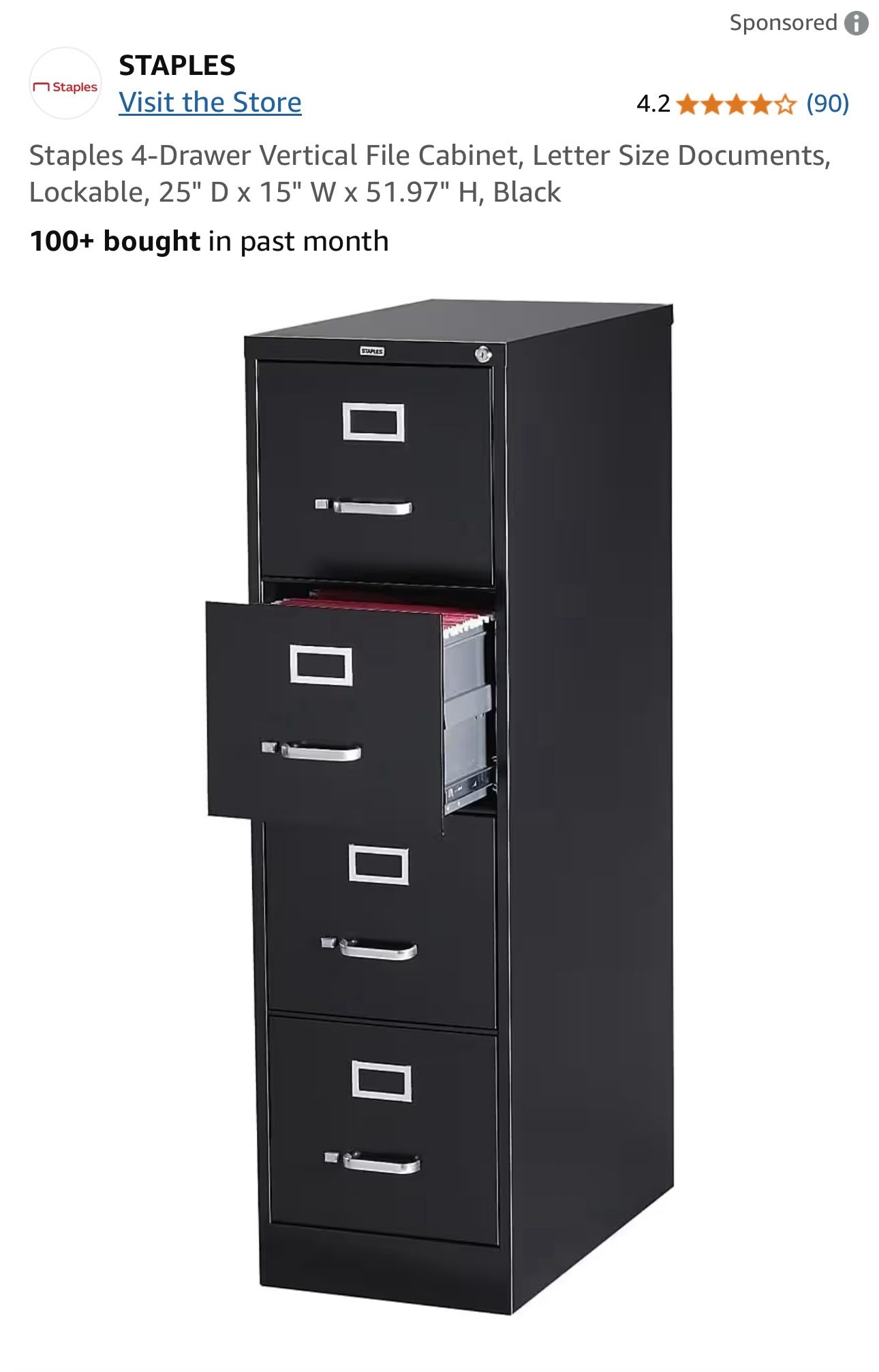 Staples 4-Drawer Vertical File Cabinet, Letter Size Documents, Lockable, 25" D x 15" W x 51.97" H, Black