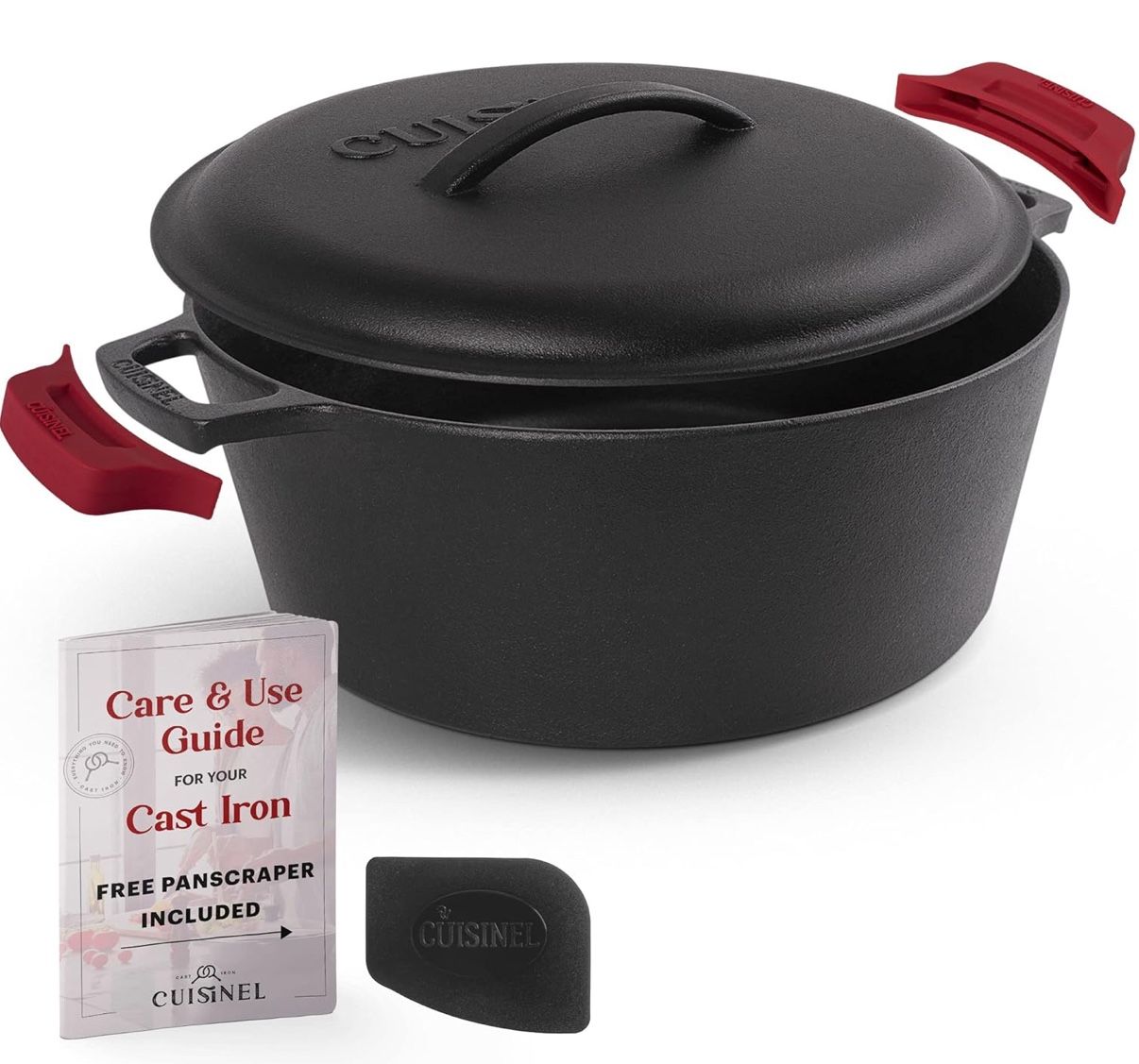 Cuisinel Cast Iron Dutch Oven - 7-Quart Deep Pot + Lid + Pan Scraper + Handle Covers - Large Pre-Seasoned Cooker for Baking Bread, Soup, Frying - Indo
