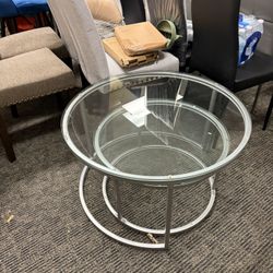 COFFEE TABLE 2 SET, SILVER LEGS, TEMPERED CLEAR GLASS TOP 8mm TEMPERED GLASS