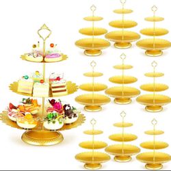 10 Pcs Gold Metal Cupcake Stands Bulk 3 Tier Cake Display Tower Stainless Steel Pastry Dessert Holder for Home Wedding Baby Shower Birthday Tea Party 