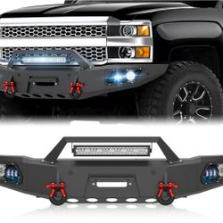 Pickup Truck Front Bumper Compatible with 2015-2019 Chevy Silverado 2 HD Off-Road Bumper Equipped with Winch Plate, Sensor Holes, 5 x LED Ligh